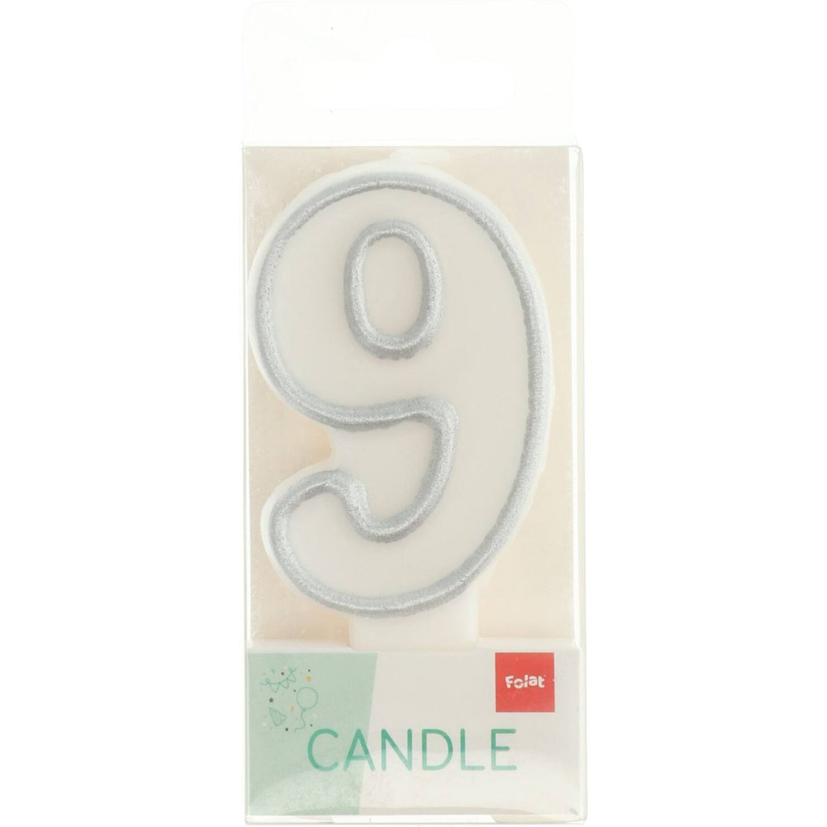 Number 9 Cake Candle Silver Outline 9cm