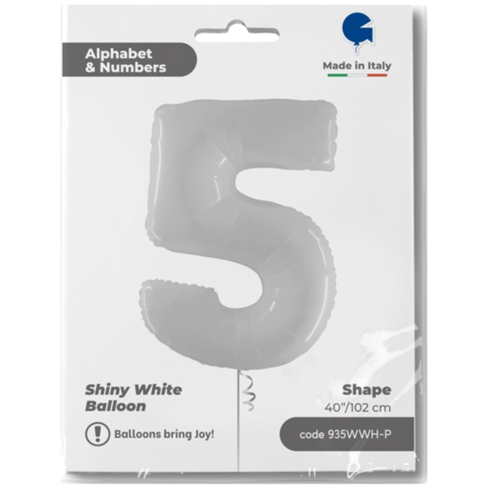 Jumbo Foil Balloon NUMBER 5 Shiny White 102 cm Grabo