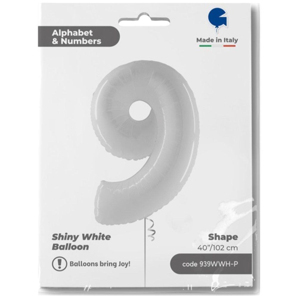 Jumbo Foil Balloon NUMBER 9 Shiny White 102 cm Grabo