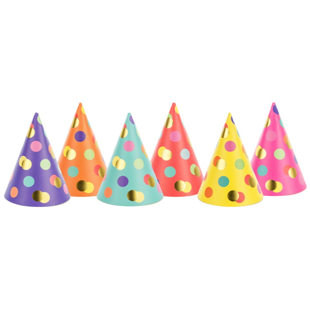 Set of 6 Colorful Party Hats with Gold Polka Dots CPP25