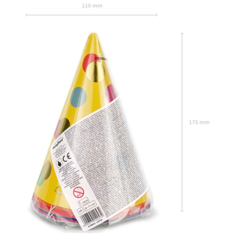 Set of 6 Colorful Party Hats with Gold Polka Dots CPP25