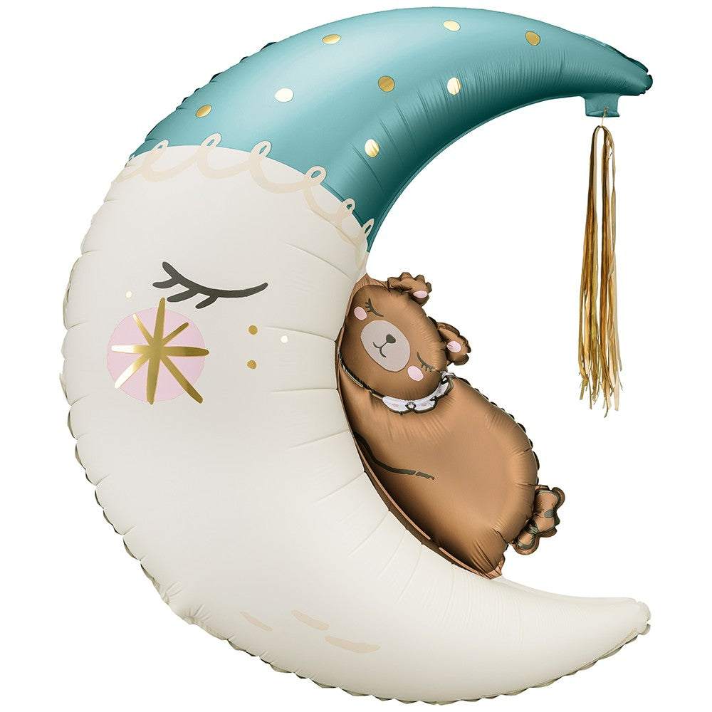 Foil Balloon Crescent Moon with Sleepy Bear Blue 80x98cm