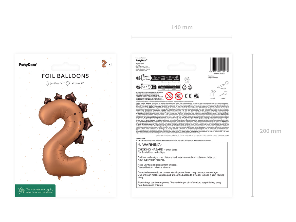 Balon Folie Cifra 2 Dinozaur 92cm