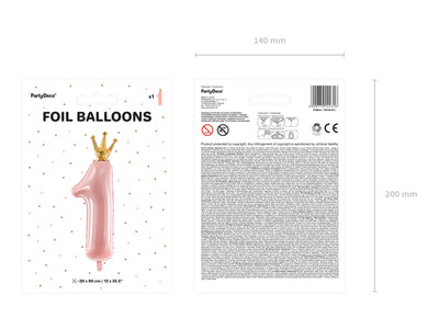 Balon folie Figurina Cifra 1 Roz Pudra cu Coronita