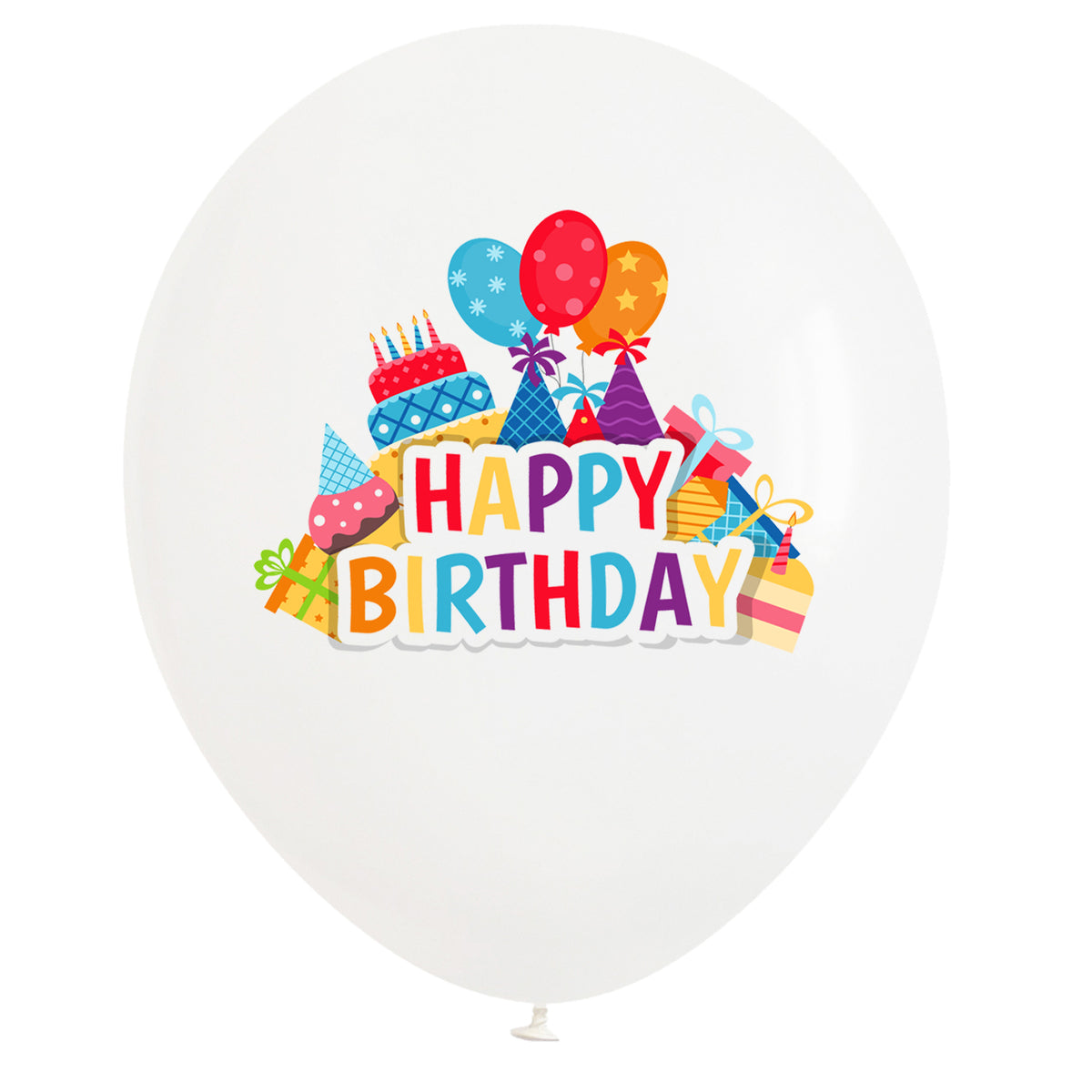 Set of 12 White 30cm Balloons with Color Happy Birthday Print