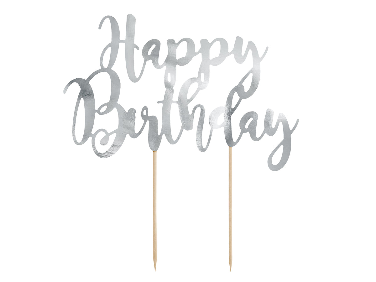 Decoratiune pentru Tort Happy Birthday Argintiu 22.5cm