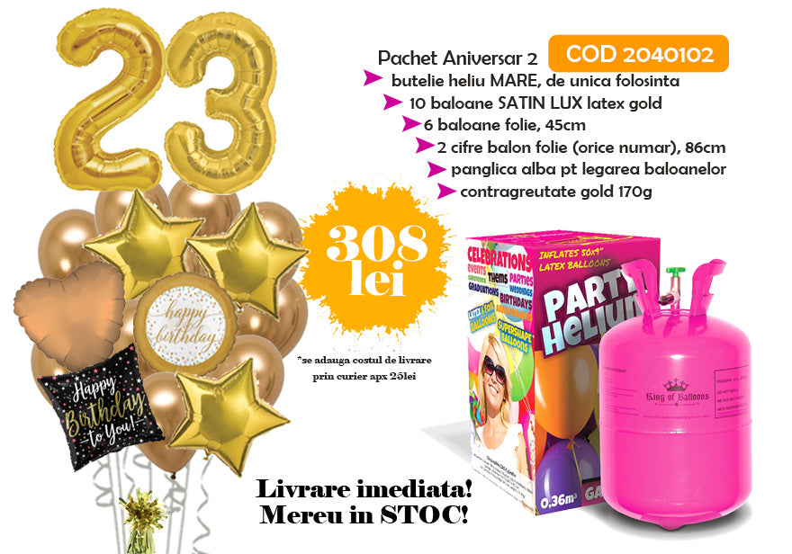 Pachet Baloane aniversare 2 + Butelie heliu MARE COD 2040102