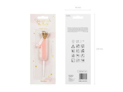 Birthday Cake Candle 1 year with Light Pink Crown 9.5cm