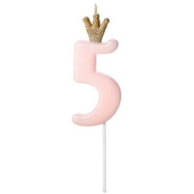 5th Birthday Cake Candle with Light Pink Crown 9.5cm