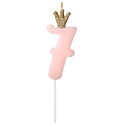 Cake Candle 7th Birthday with Light Pink Crown 9.5cm