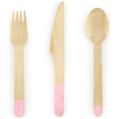 Set of 18 Light Pink Wooden Cutlery 16 cm