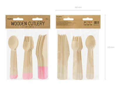 Set of 18 Light Pink Wooden Cutlery 16 cm