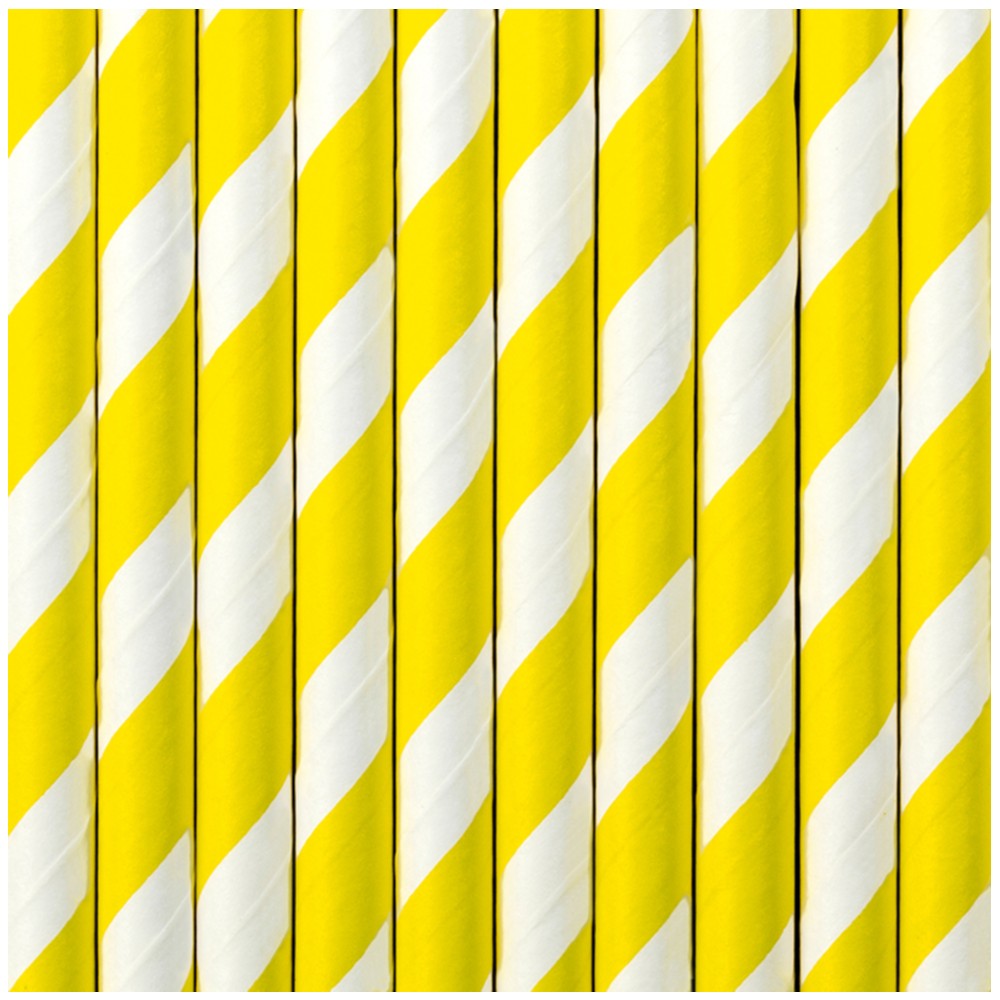 Set of 10 Yellow Paper Drinking Straws with White Stripes, 19.5 cm