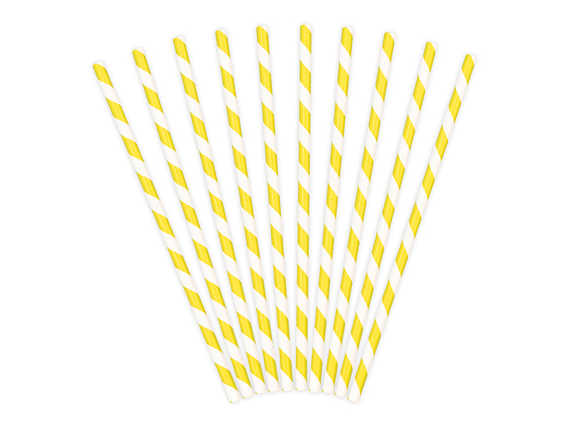Set of 10 Yellow Paper Drinking Straws with White Stripes, 19.5 cm