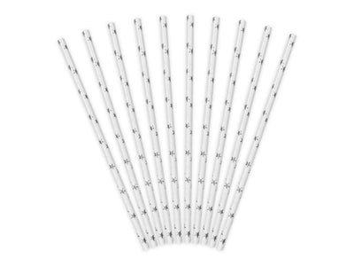Set 10 Paie bautura hartie alba cu stelute argintii 19.5cm