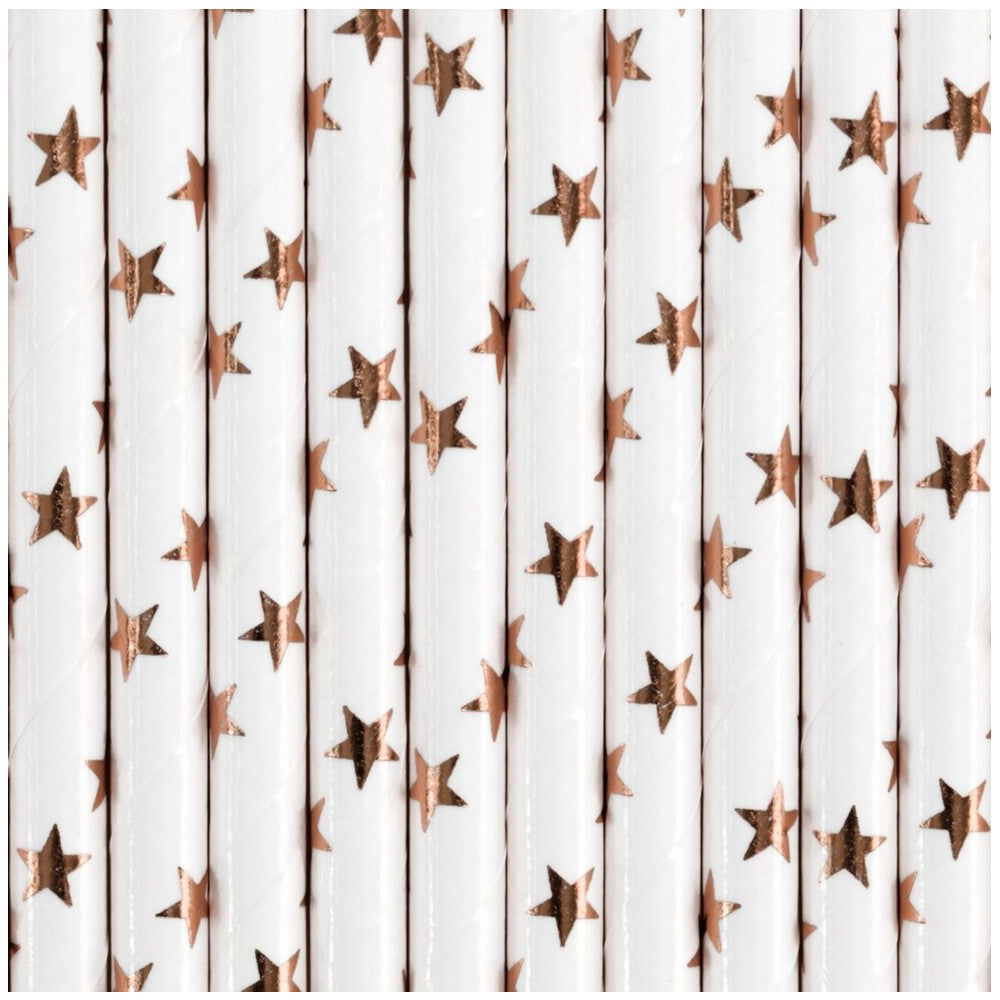 Set of 10 White Paper Drinking Straws with Rose Gold Stars 19.5cm