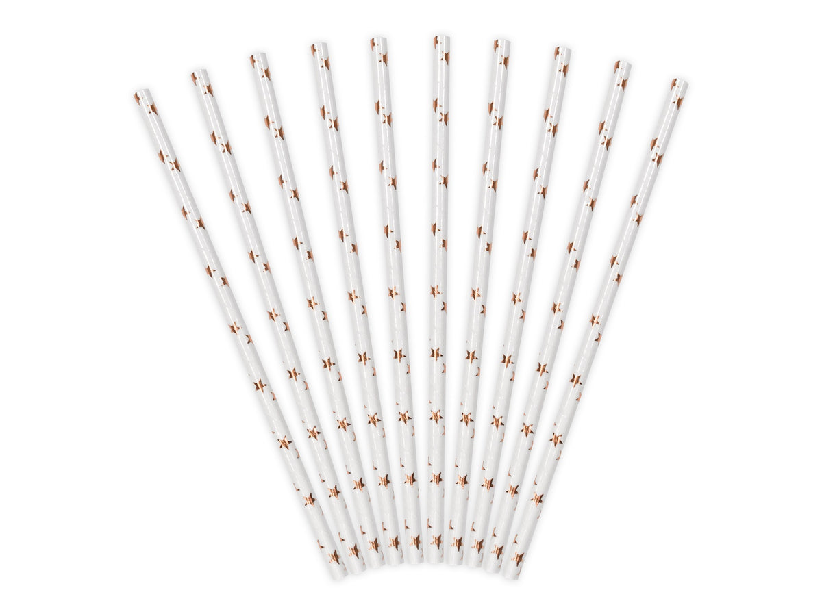 Set of 10 White Paper Drinking Straws with Rose Gold Stars 19.5cm
