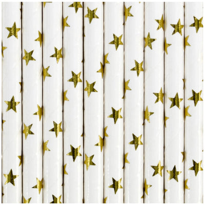 Set 10 Paie bautura hartie alba cu stelute aurii 19.5cm