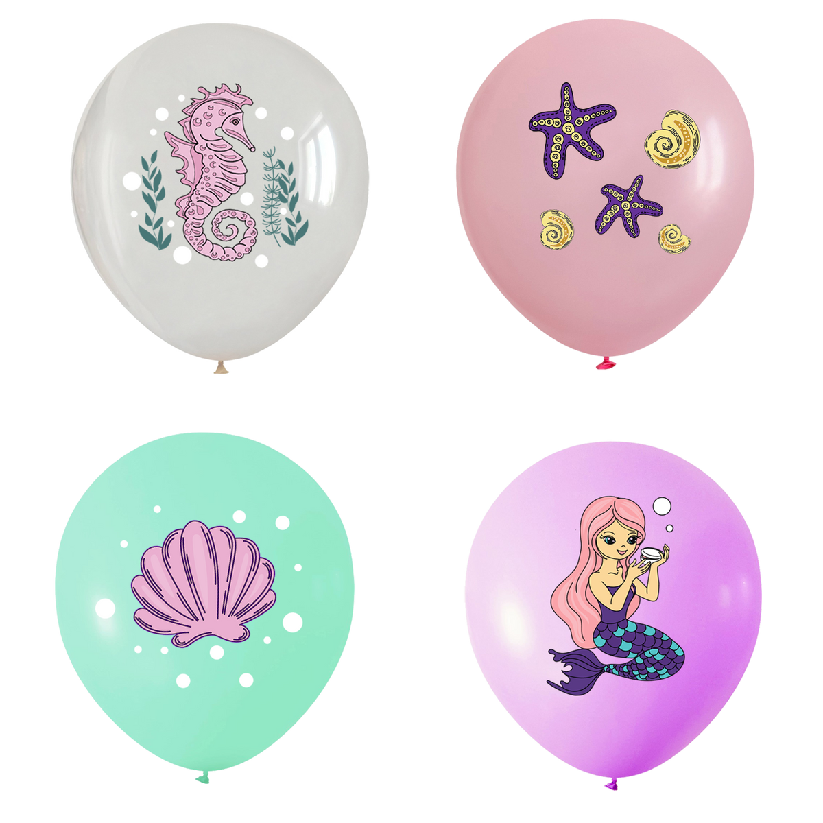 Set of 12 Assorted 30cm Latex Balloons with Mermaid Print