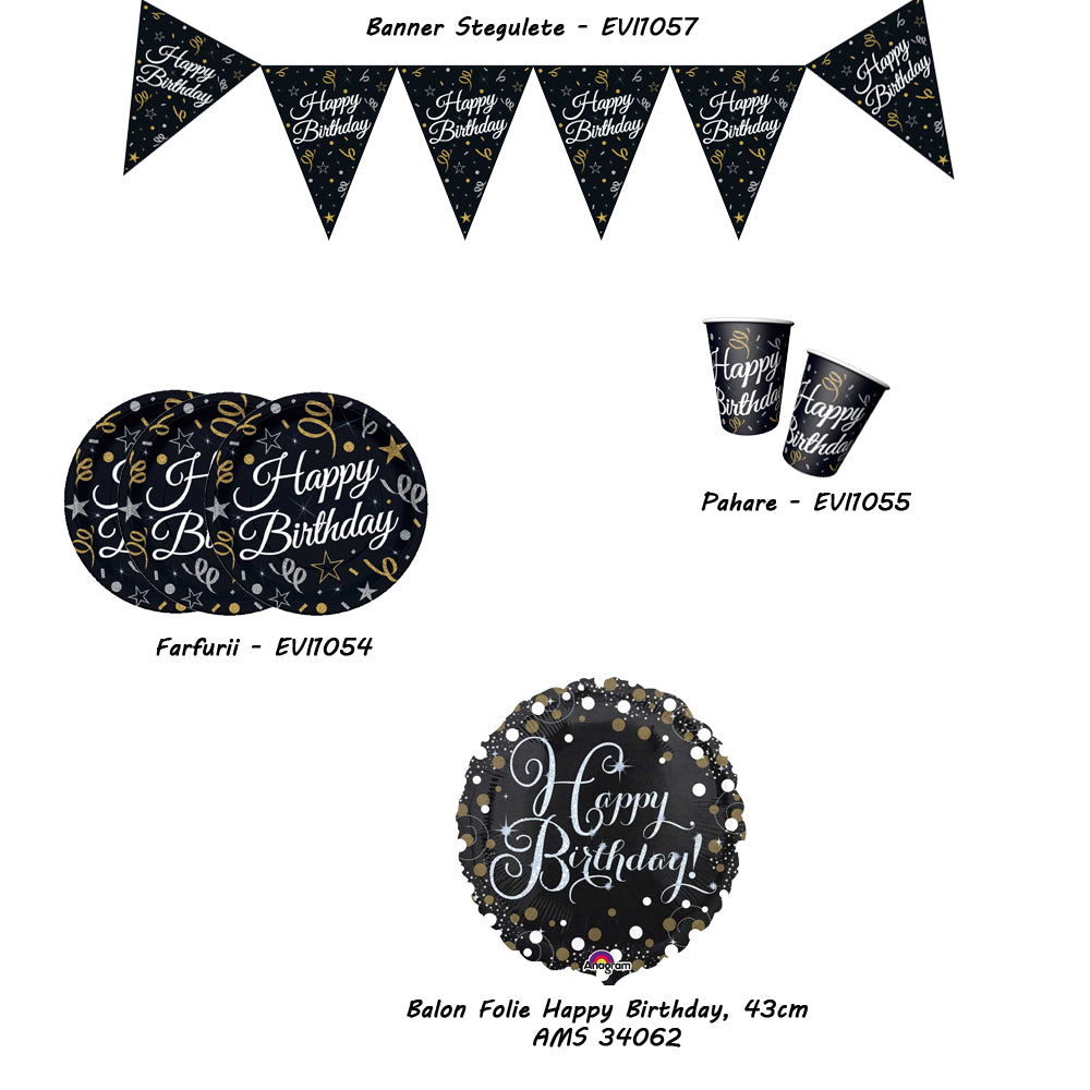 Balon Folie Happy Birthday Negru Sparkling 43cm AMS 34062
