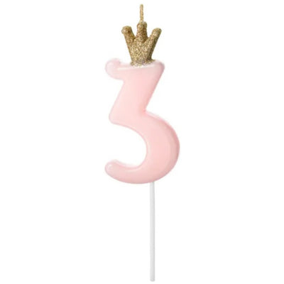 Birthday Cake Candle 3 with Light Pink Crown 9.5cm