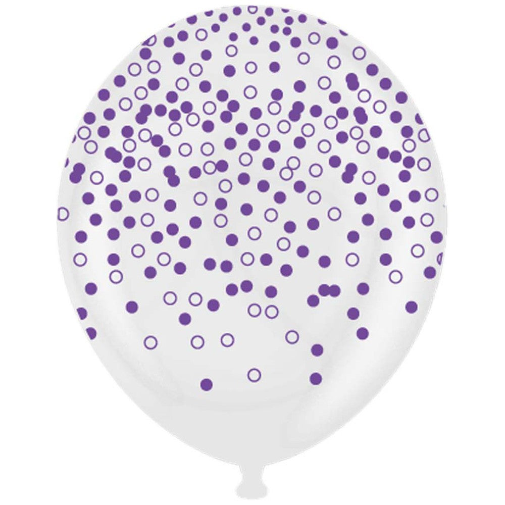 Baloane latex 30cm TRANSPARENTE cu print CONFETTI mov