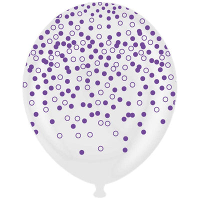 Baloane latex 30cm TRANSPARENTE cu print CONFETTI mov