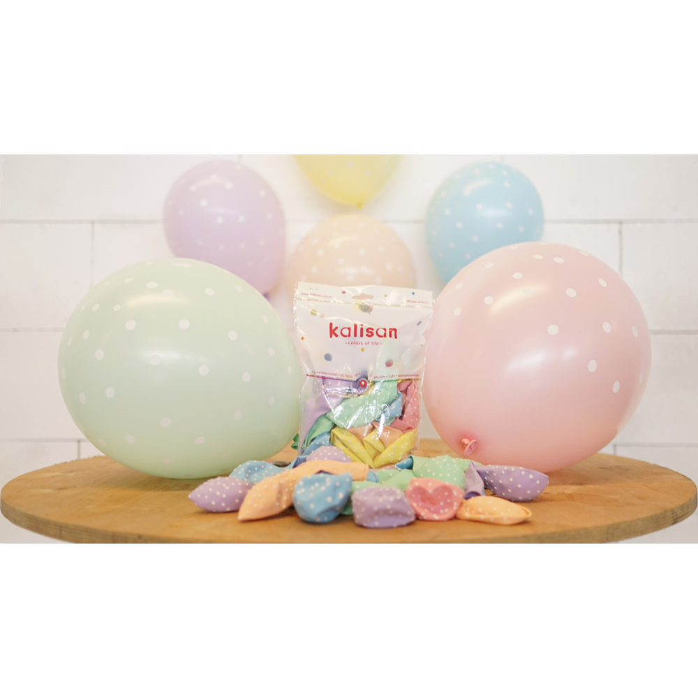 SET 25 Latex Balloons 30cm Macaron assorted with white polka dots