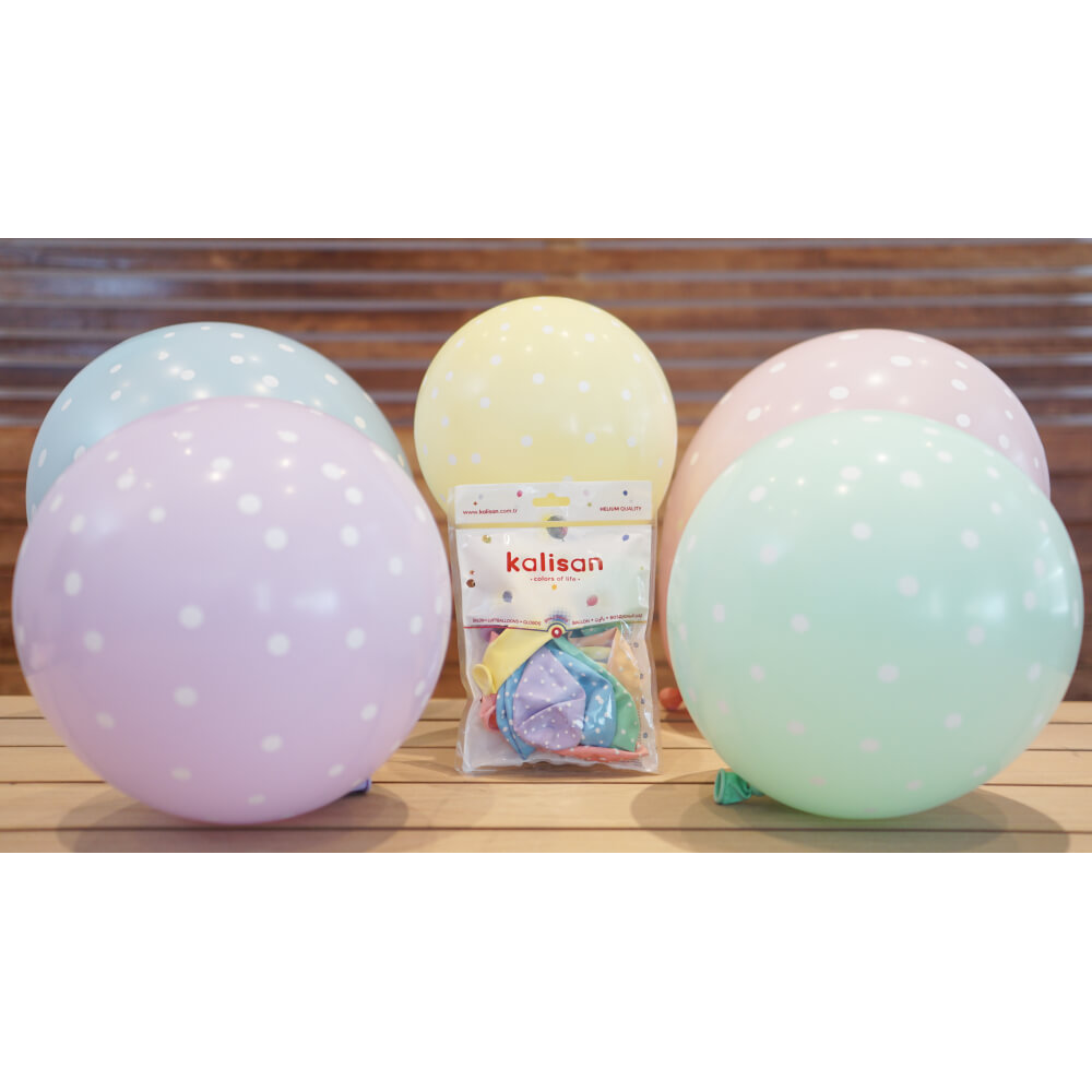 SET 25 Latex Balloons 30cm Macaron assorted with white polka dots